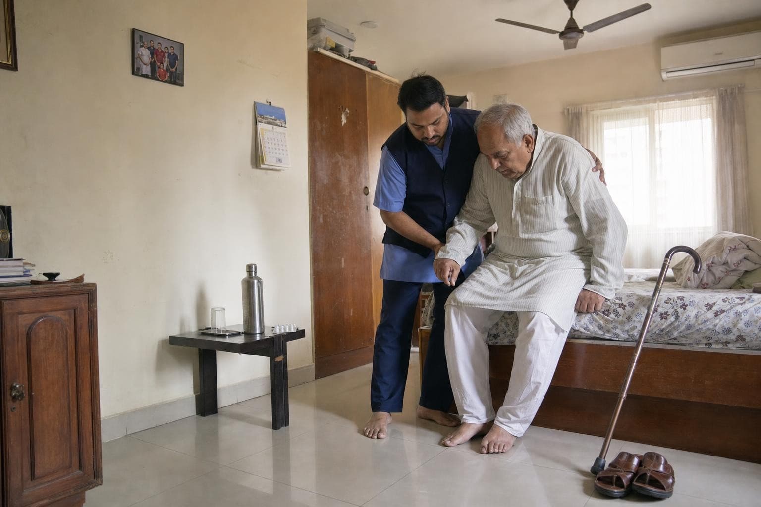 A Healkin care attendant supporting an elderly man as he sits up on the edge of his bed at home