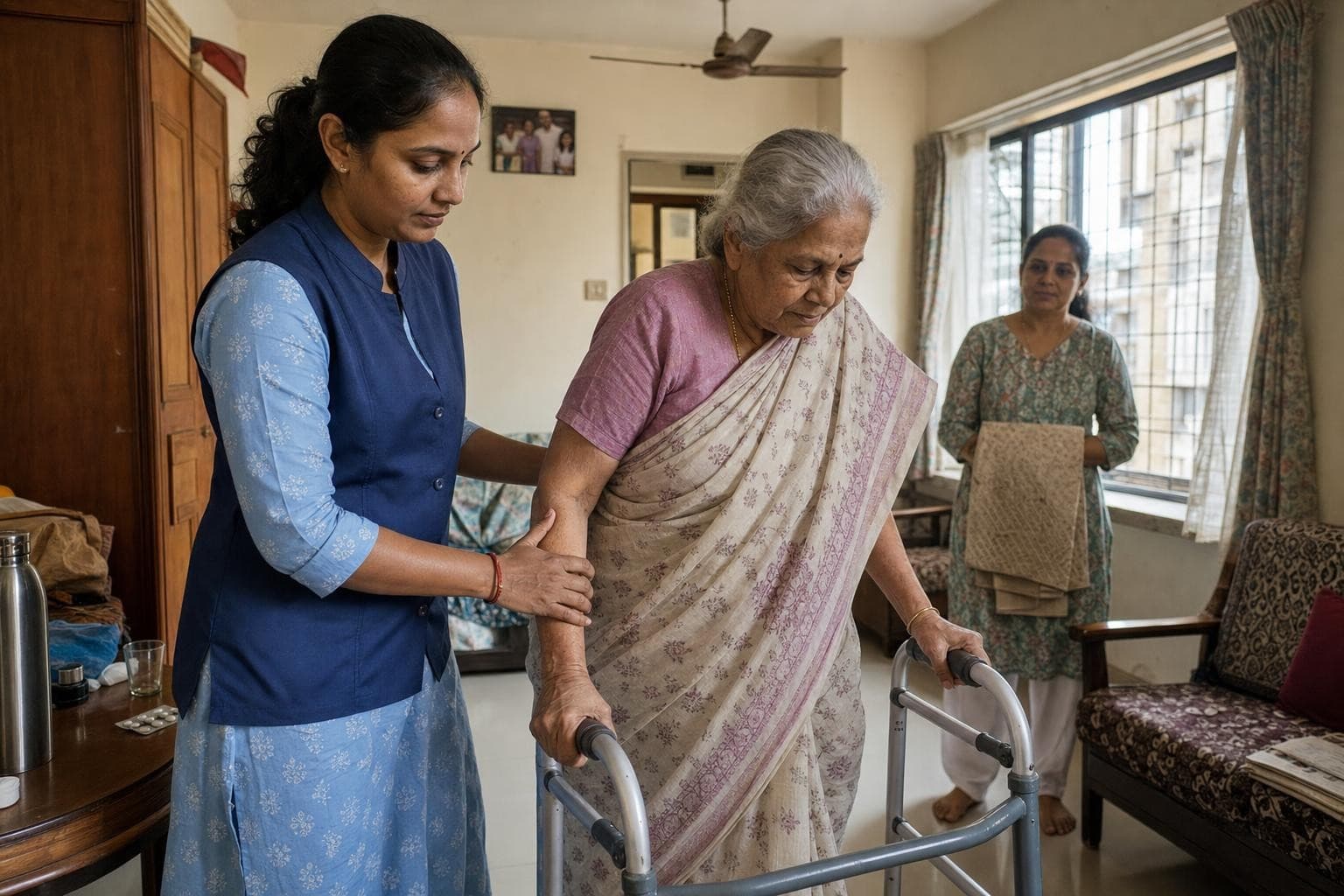 A Healkin attendant helping an elderly woman walk from her bed with a walking frame while a family member watches