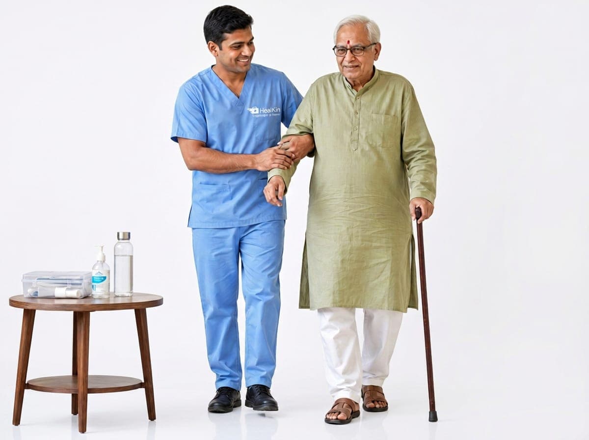 Dedicated Healkin nurse assisting an elderly patient with walking at home in Mumbai