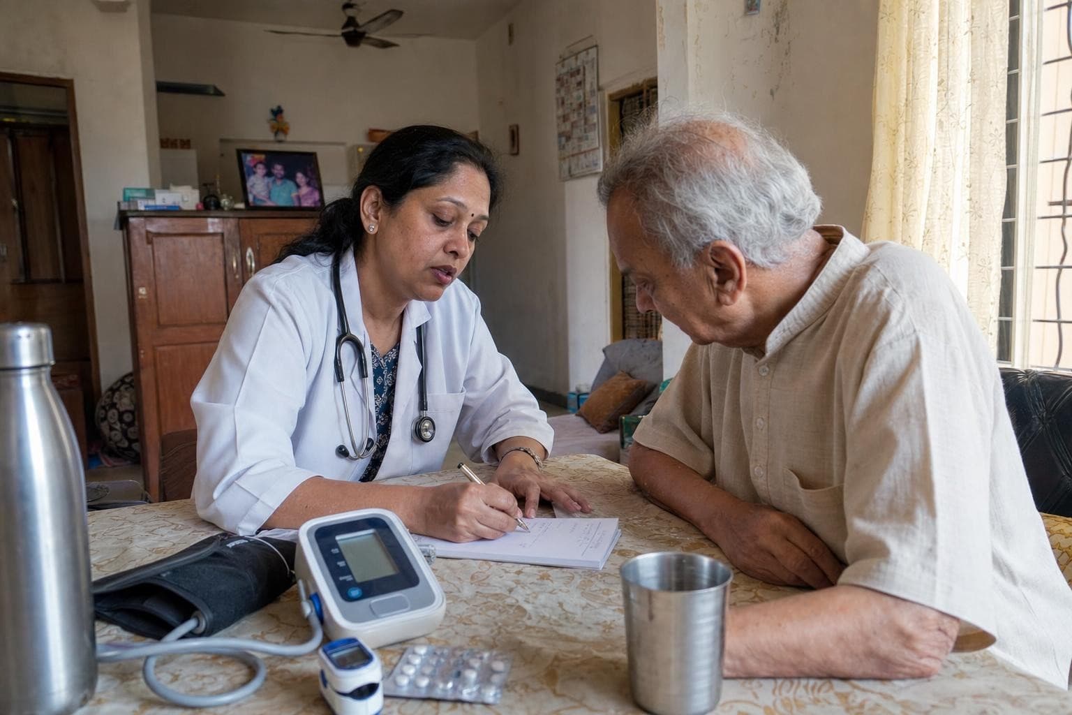 A Healkin doctor writing a prescription at a patient's dining table and explaining it to him
