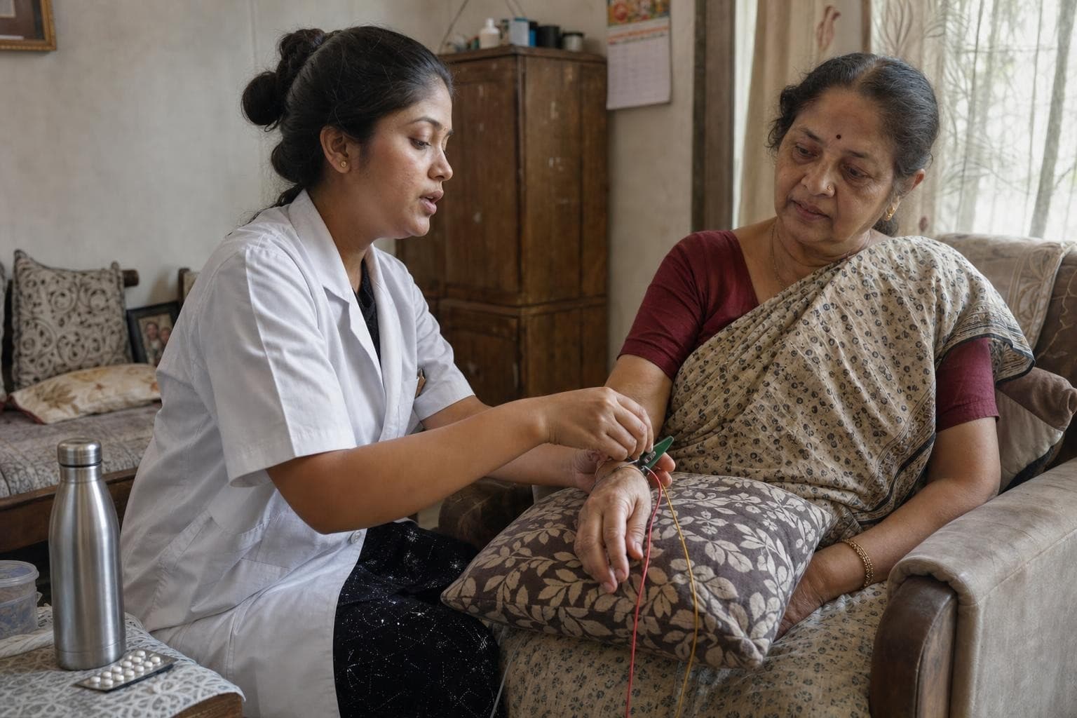 A Healkin technician clipping an ECG limb lead onto the wrist of a seated elderly patient at home