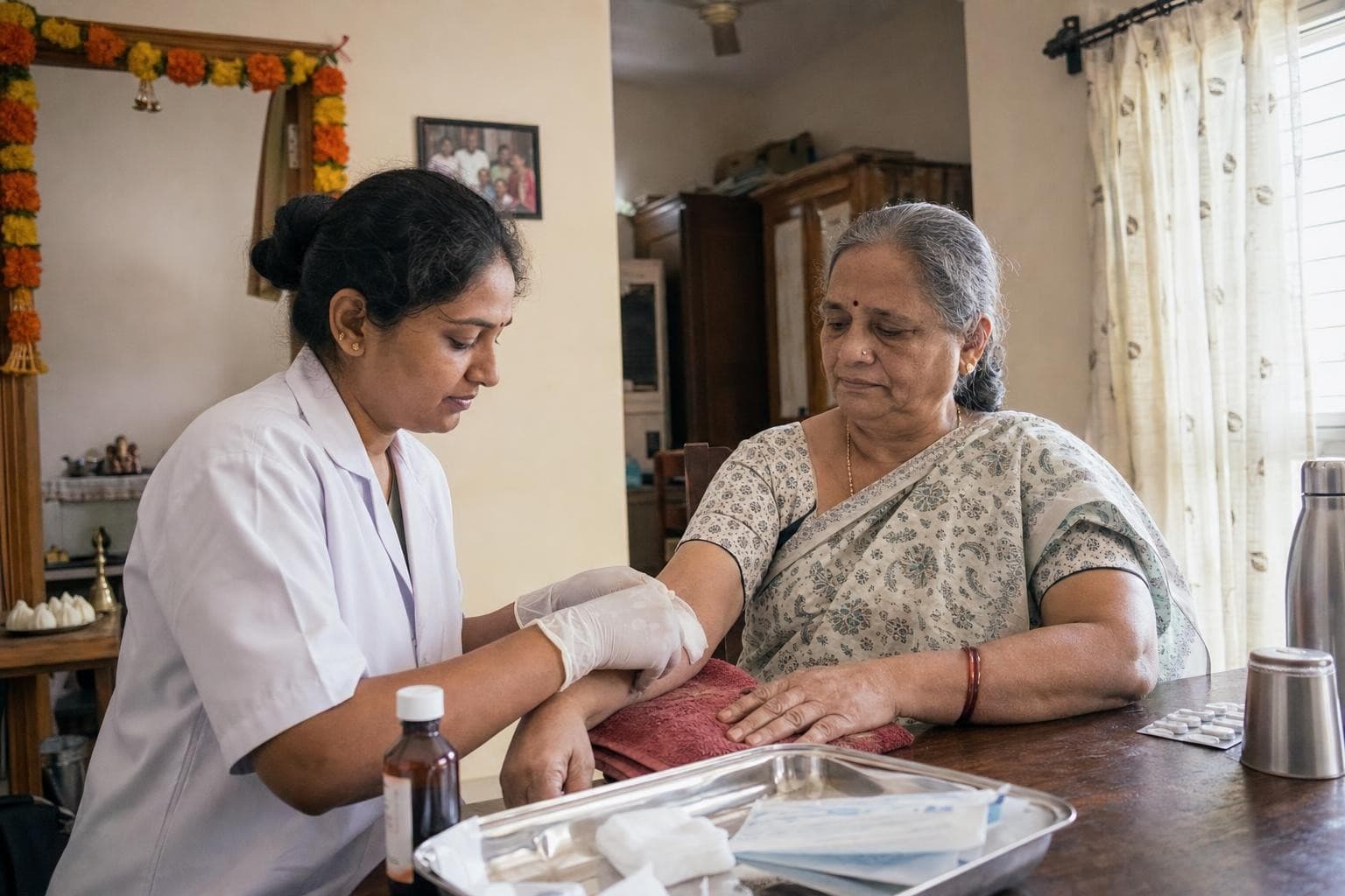 A Healkin nurse changing a dressing on an elderly woman's forearm at her dining table during the Ganpati festival