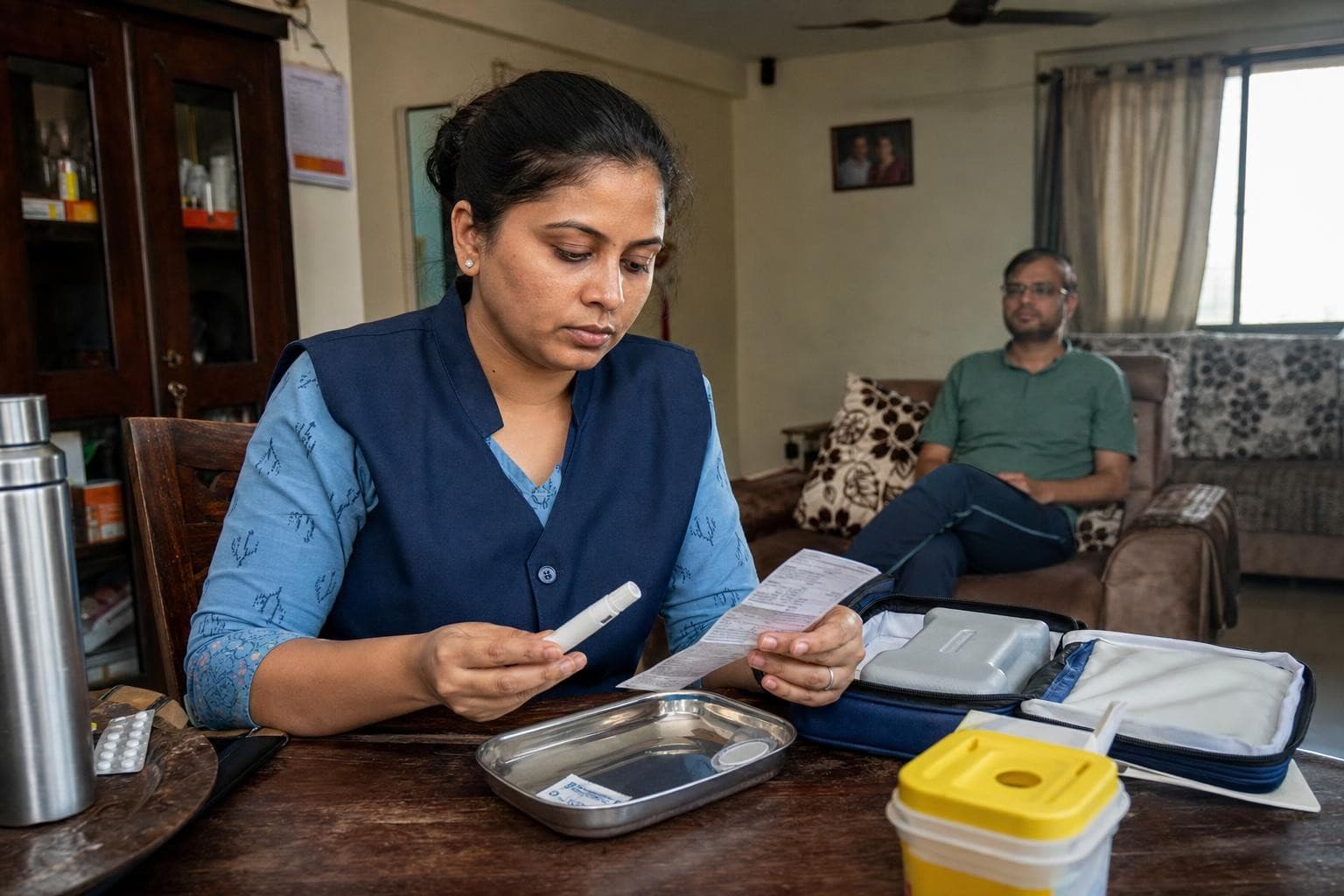 A Healkin nurse checking an injection pen against a prescription slip at a patient's dining table, an open cold-chain pouch beside her, before giving the dose