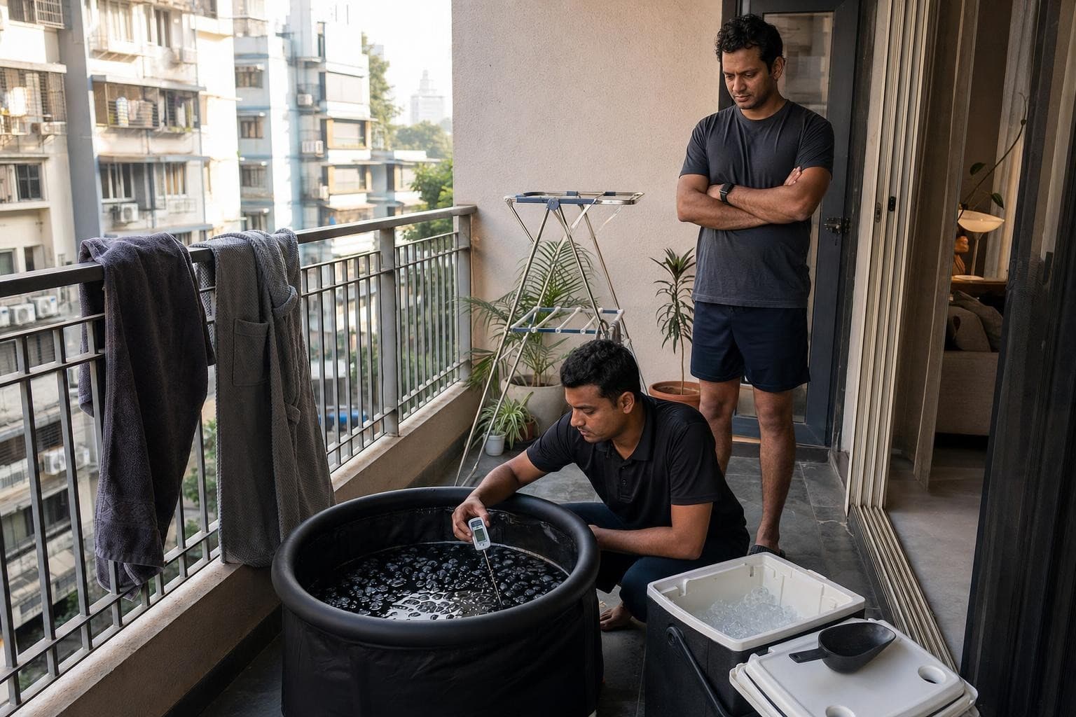 A Healkin attendant checking the water temperature of a portable ice bath set up on the balcony of a Mumbai apartment