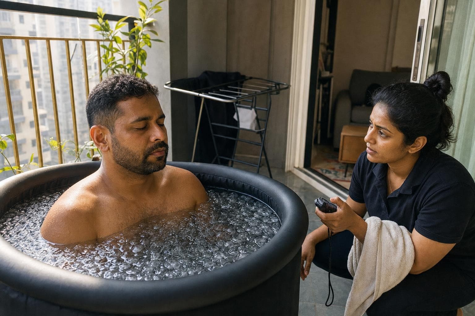 A Healkin attendant timing a supervised cold water immersion for a young man seated in a portable ice bath at home