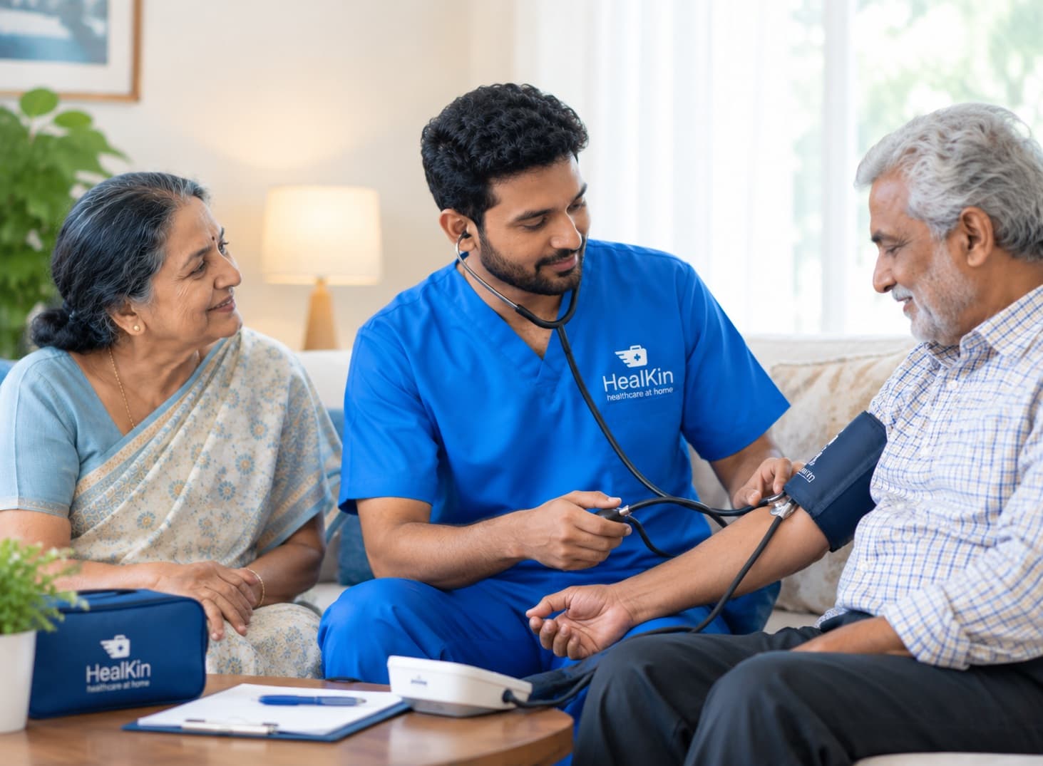 HealKin nurse checking an elderly father's blood pressure at home, with the mother beside them