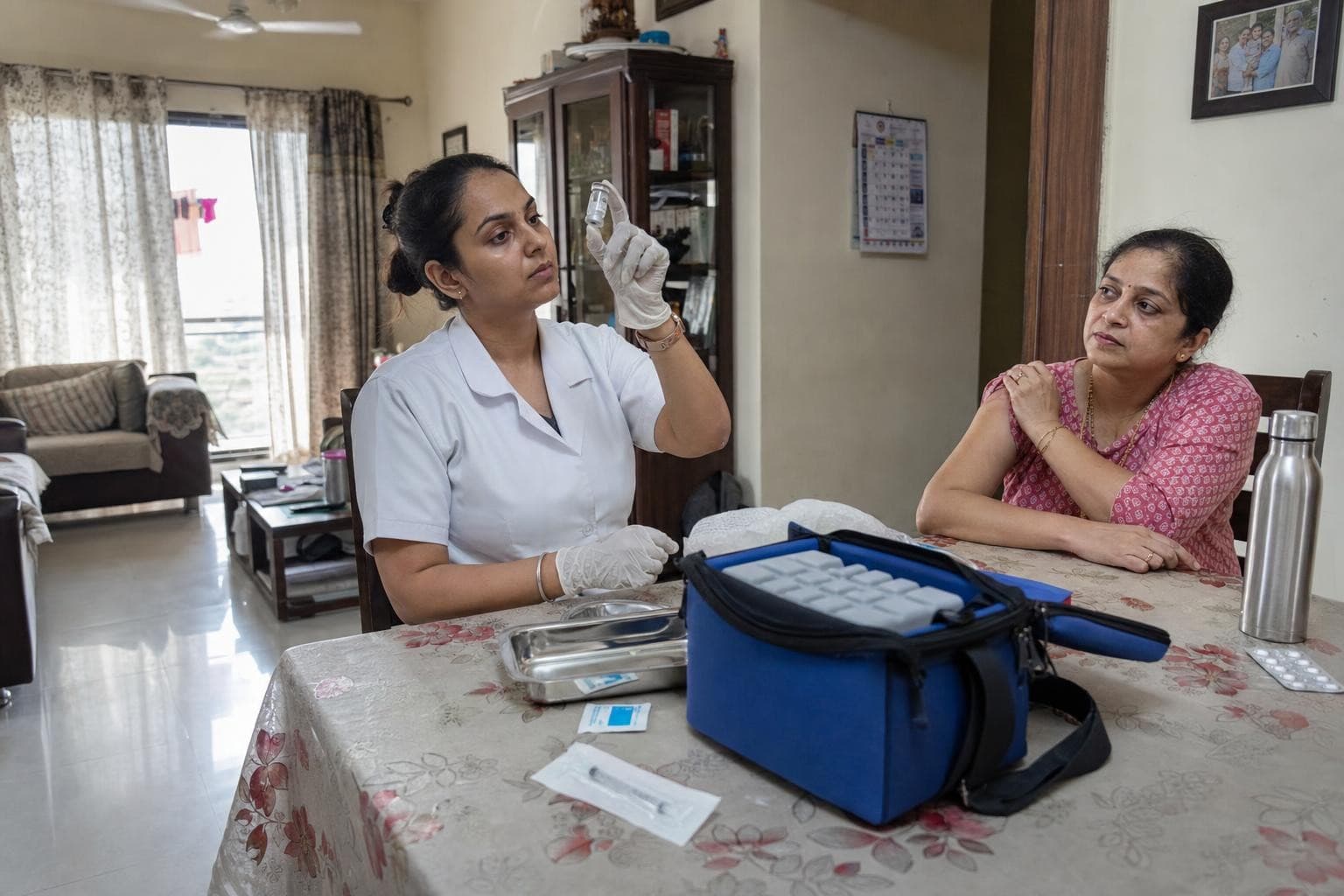 A Healkin nurse checking a vaccine vial beside an open cold-chain carrier at a patient's home