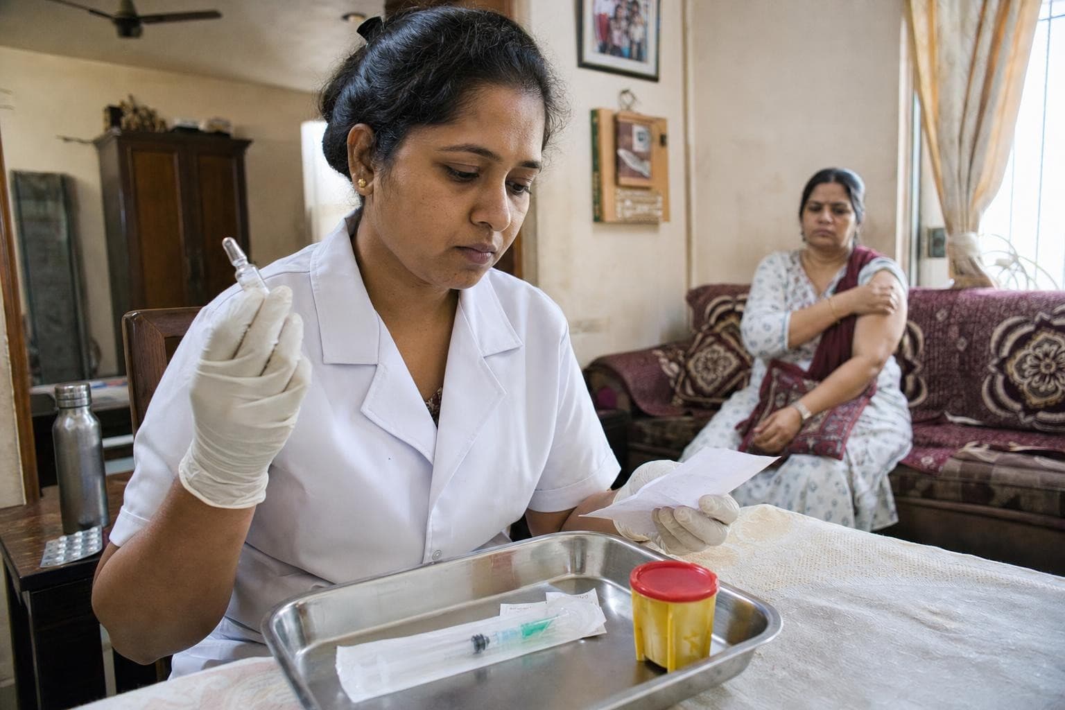 A Healkin nurse checking a glass vitamin ampoule against a prescription slip before drawing up the dose at a patient's home