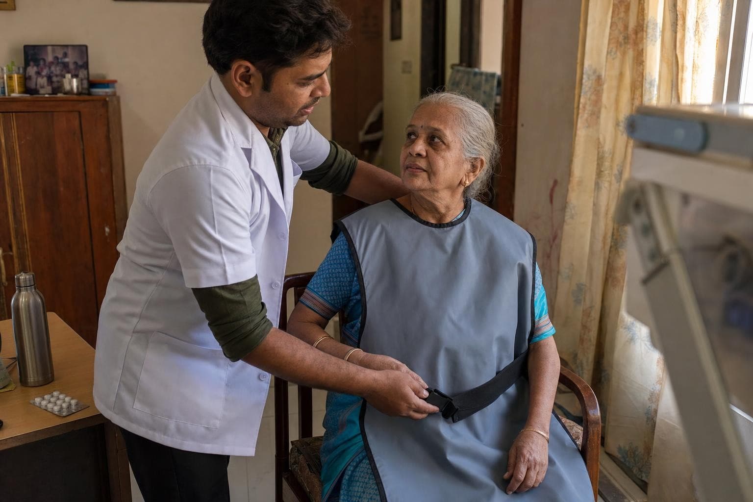 A Healkin technician fitting a lead radiation apron on a patient before taking an X-ray at home